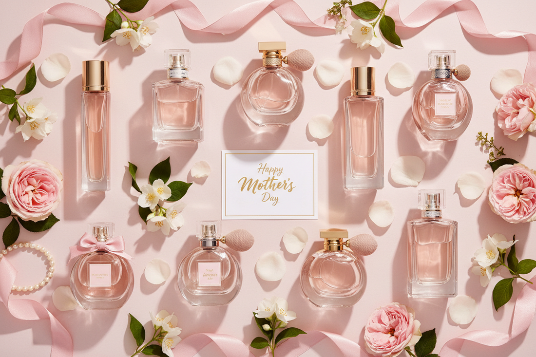 Conjunto de perfumes com fundo rosa, com uma frase central escrita "Happy Mothers Day"