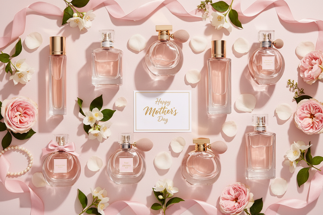Conjunto de perfumes com fundo rosa, com uma frase central escrita "Happy Mothers Day"