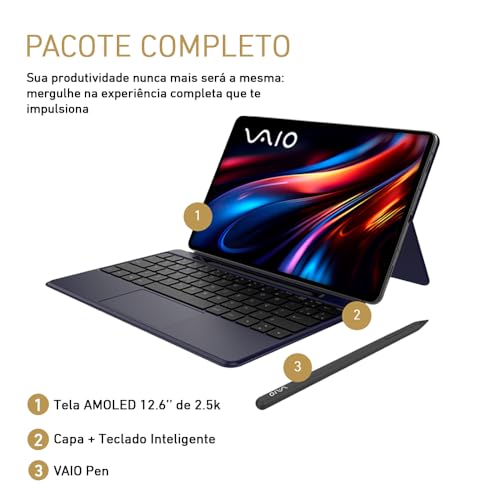 Tablet VAIO TL12 8GB 256GB Octa-Core, Tela AMOLED 12.6” 2.5K, com Teclado de Conexão Inteligente e Caneta Ativa, 5G WiFi, Câmera 13MP + Selfie 12MP, 10.090mAh, Android 15 – Preto
