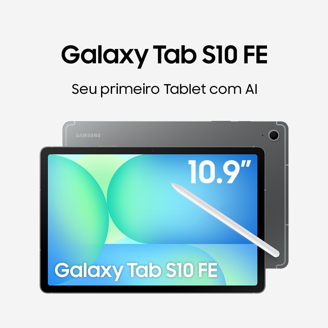 Tablet Samsung Galaxy Tab S10 FE, Cinza, 128GB, 8GB RAM, Tela Imersiva de 10.9" 90Hz, Camera Traseira de 13MP, Câmera Frontal de 12MP Ultra Wide, Wifi 6, IP68, Android 15