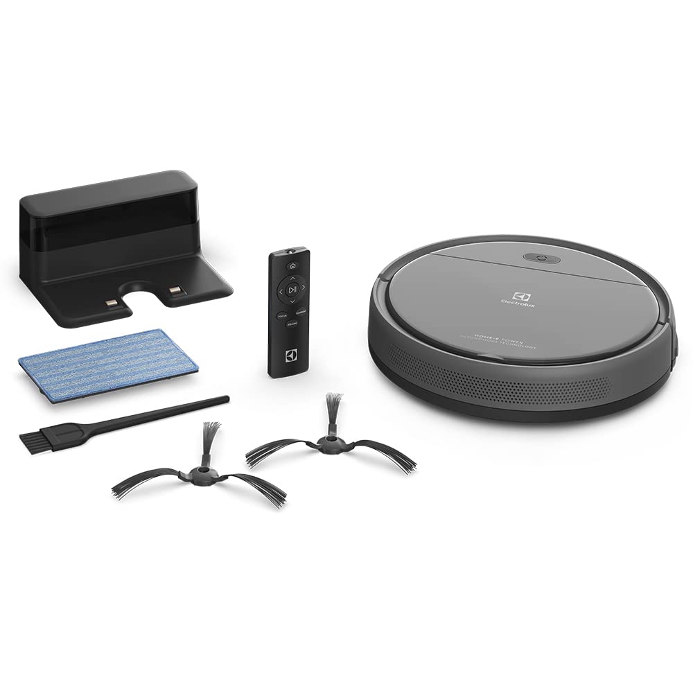 Aspirador de po robo Electrolux 2h20min controle remoto base carregamento bateria longa duração automatico varre aspira passa pano ERB30 bivolt preto sensor antiqueda