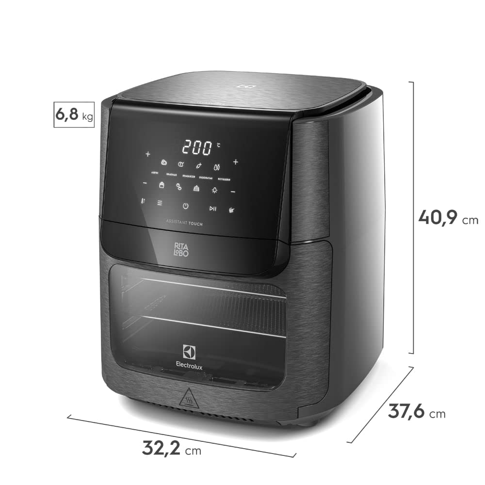 Electrolux Air Fryer Forno 5 x 1 12L 1700W Digital Espeto Giratório 2 Bandejas Antiaderentes 10 funções 7 Receitas aviso sonoro Fritadeira Elétrica sem Óleo Forno Bancada EAF90 Grafite 127V
