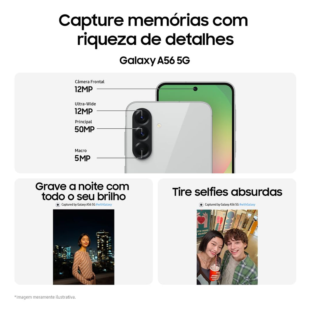 Smartphone Samsung Galaxy A56 5G 128GB, 8GB RAM, Câmera 50MP, IP67, Super AMOLED 6.7", Recursos AI, Preto