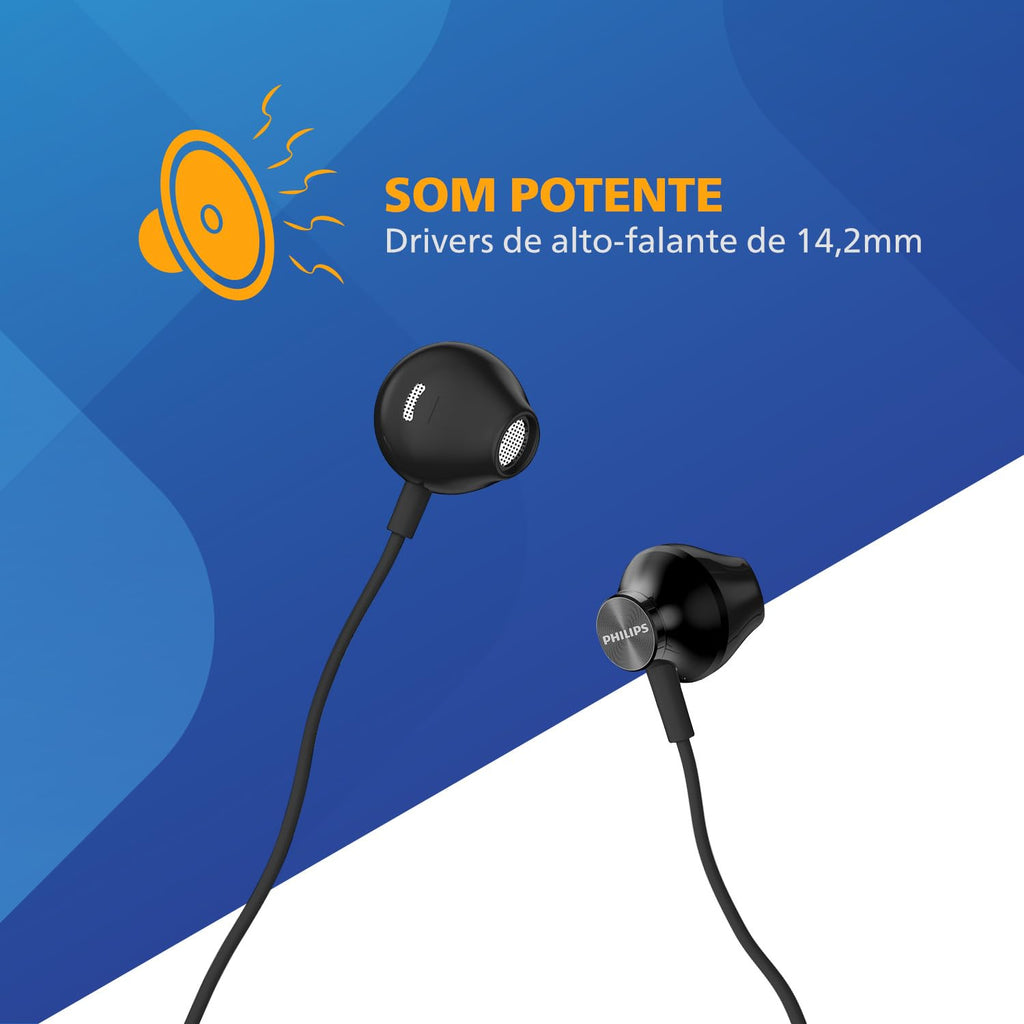 PHILIPS, Fone de Ouvido com Microfone, TAUE101BK/00, Com fio de 1,2 metros, intra-auricular, Preto