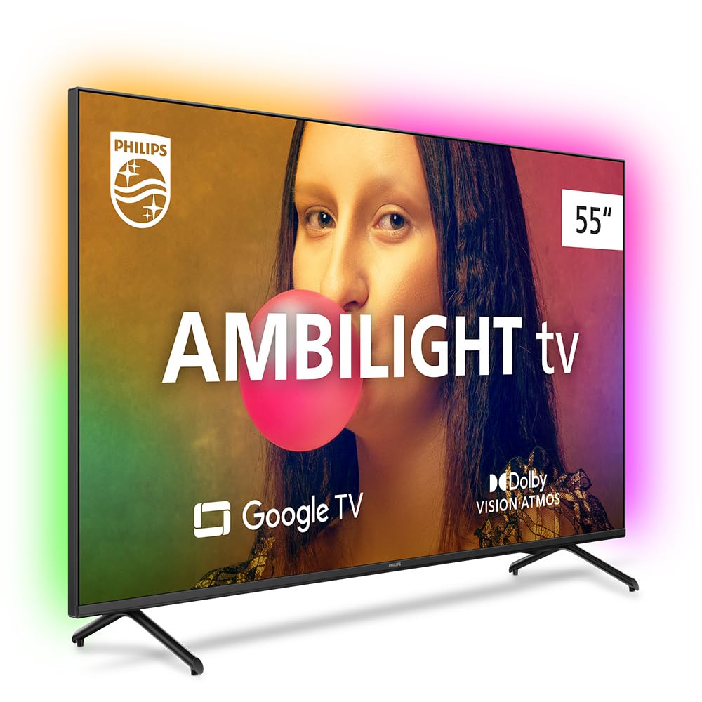 Smart TV Philips Ambilight 55" 4K 55PUG7908/78, Google TV, Comando de Voz, Dolby Vision/Atmos, VRR/ALLM, Bluetooth