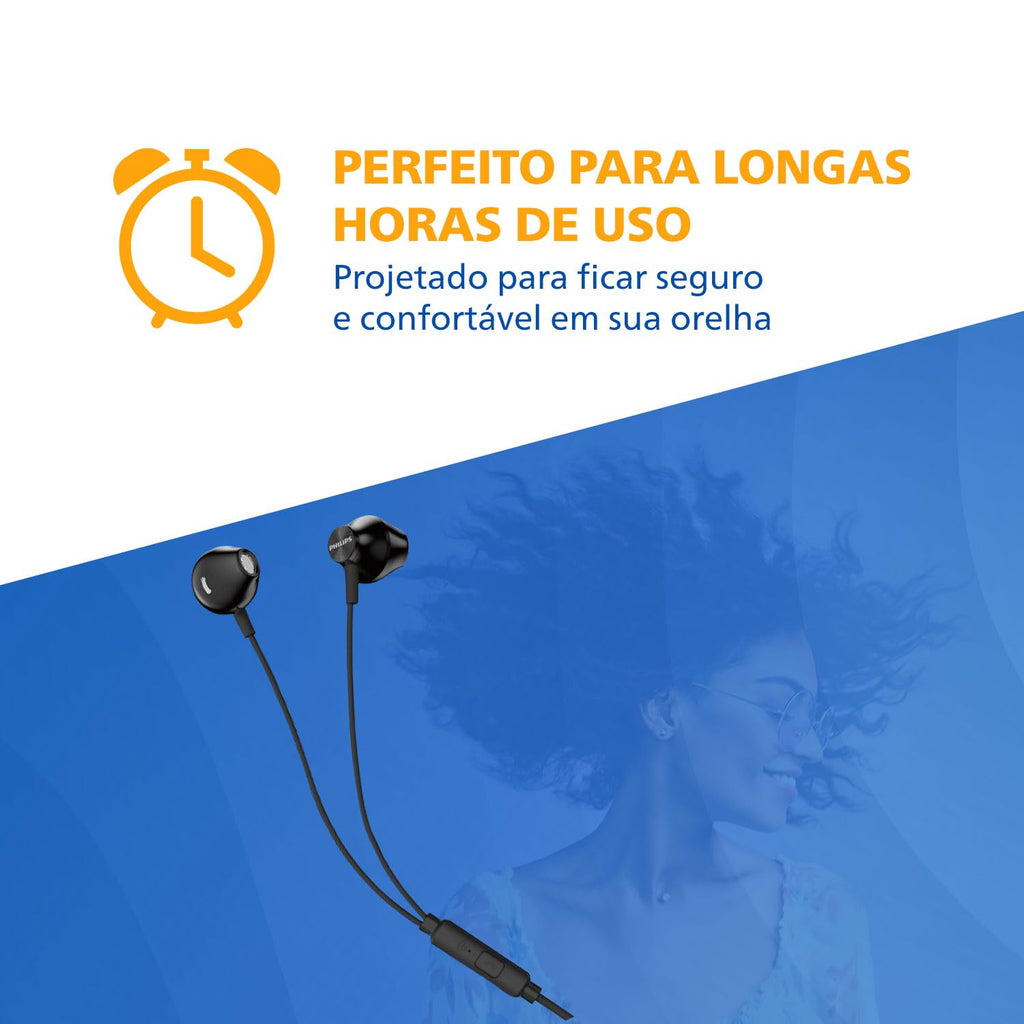 PHILIPS, Fone de Ouvido com Microfone, TAUE101BK/00, Com fio de 1,2 metros, intra-auricular, Preto