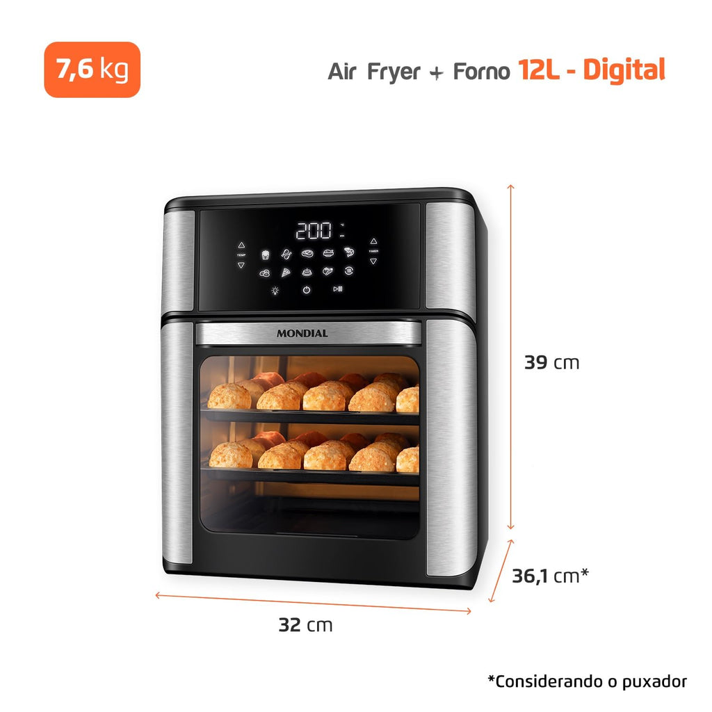 MONDIAL Fritadeira Air Fryer Forno Oven 12L, Preto/Inox, 2000W, 110V - AFON-12L-BI