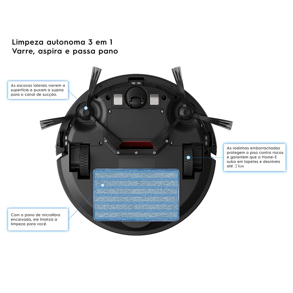 Aspirador de po robo Electrolux 2h20min controle remoto base carregamento bateria longa duração automatico varre aspira passa pano ERB30 bivolt preto sensor antiqueda