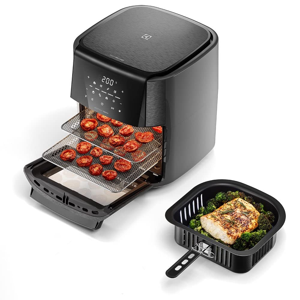 Electrolux Air Fryer Forno 5 x 1 12L 1700W Digital Espeto Giratório 2 Bandejas Antiaderentes 10 funções 7 Receitas aviso sonoro Fritadeira Elétrica sem Óleo Forno Bancada EAF90 Grafite 127V