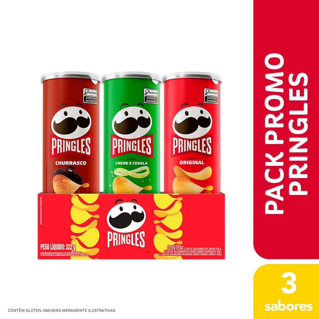 Pringles Pack Promo Salgadinho de Batata Frita 3 Sabores - Original, Creme e Cebola e Churrasco
