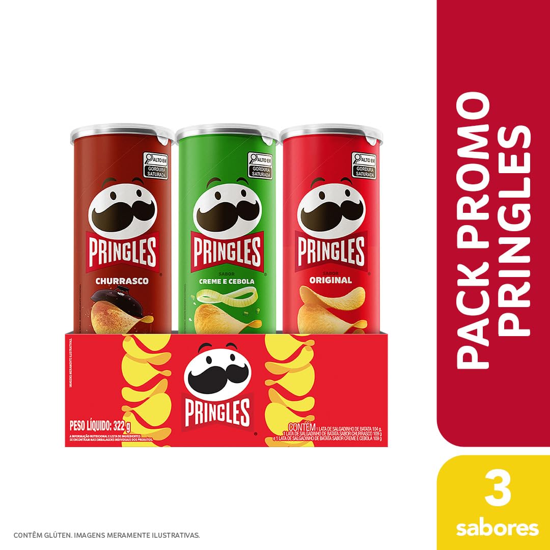 Pringles Pack Promo Salgadinho de Batata Frita 3 Sabores - Original, Creme e Cebola e Churrasco