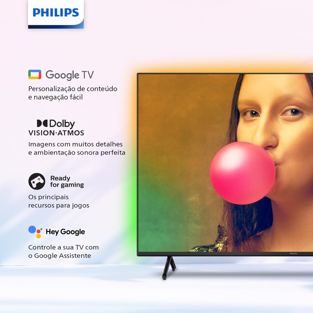 Smart TV Philips Ambilight 55" 4K 55PUG7908/78, Google TV, Comando de Voz, Dolby Vision/Atmos, VRR/ALLM, Bluetooth
