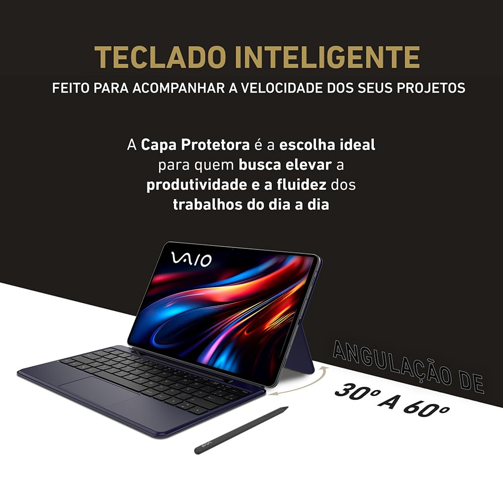 Tablet VAIO TL12 8GB 256GB Octa-Core, Tela AMOLED 12.6” 2.5K, com Teclado de Conexão Inteligente e Caneta Ativa, 5G WiFi, Câmera 13MP + Selfie 12MP, 10.090mAh, Android 15 – Preto