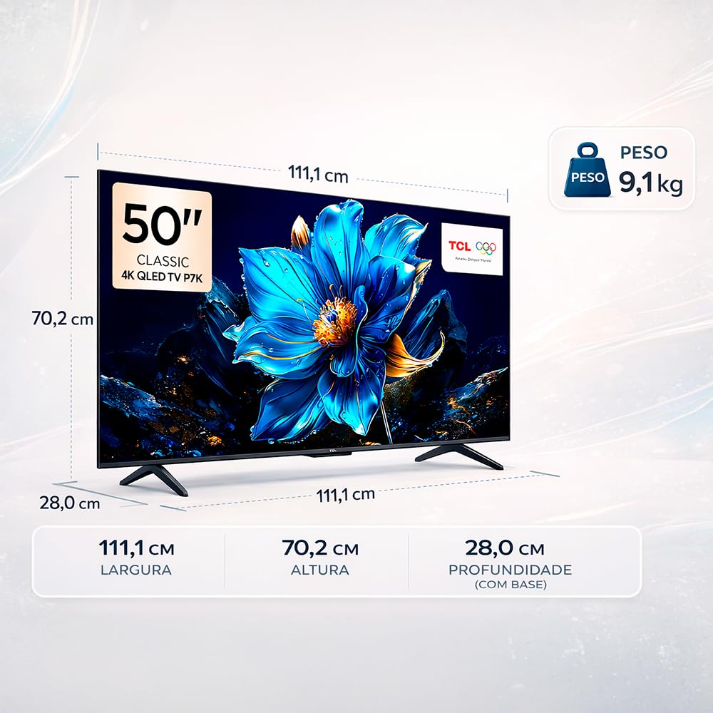 Smart TV TCL 50P7K 50" QLED 4K UHD Google TV com Dolby Vision, HDMI 2.1, Wi-Fi e Bluetooth – Preto