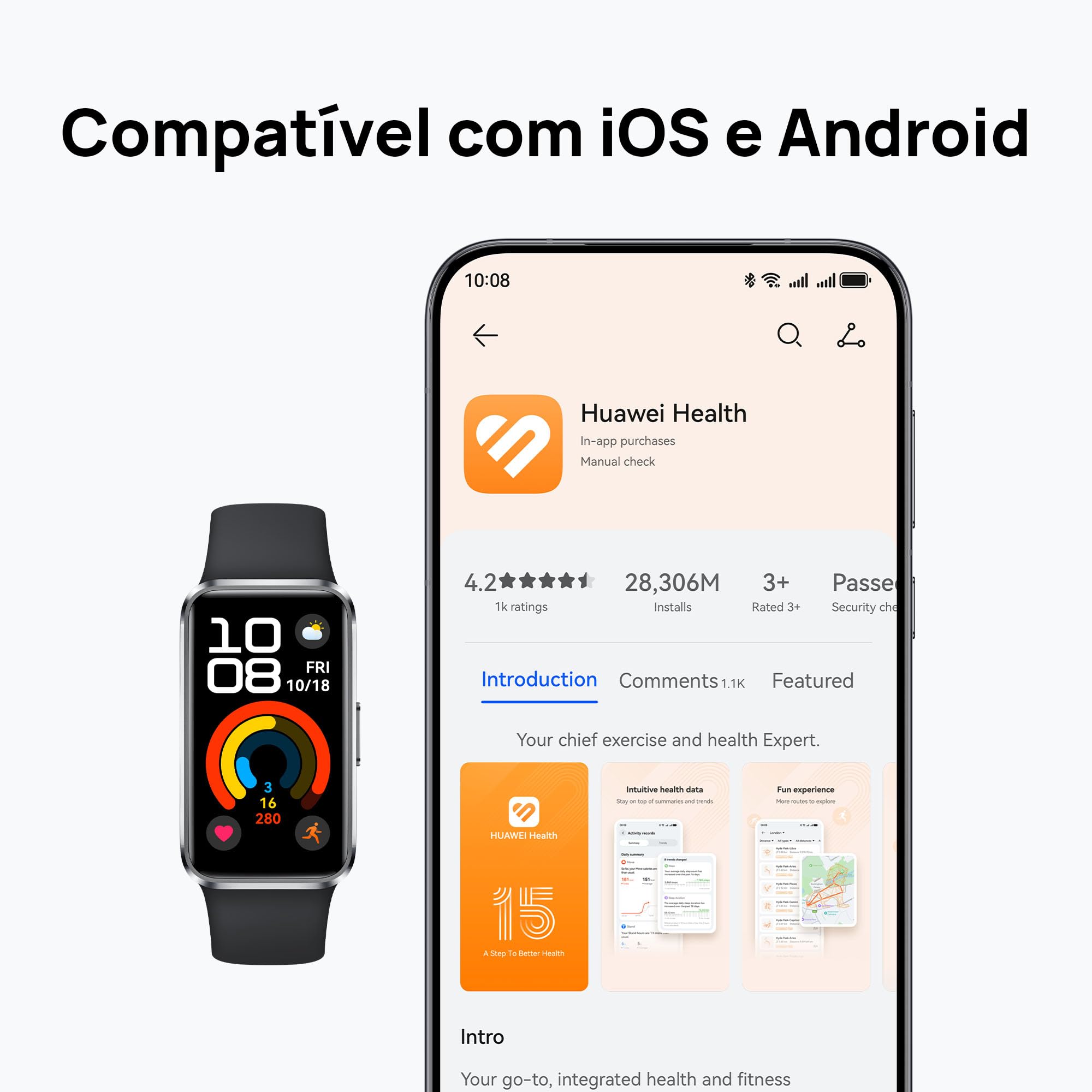Smartwatch, HUAWEI Band 10, Caixa de Polímeros Duráveis, Análise do Sono em Nível Profissional, Assistente de Bem-estar Emocional, Relógio Smartwatch Compatível com Android e iOS, Preto