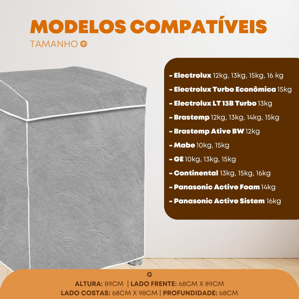 "Capa Para Maquina De Lavar Brastemp Eletrolux Consul 07Kg 08Kg 09Kg 10Kg 11Kg12Kg 13Kg 14Kg 15Kg 16Kg 17Kg Impermeável Forrada Com Elástico Traseiro Proteção UV Material Super Resistente " (Cinza, G)