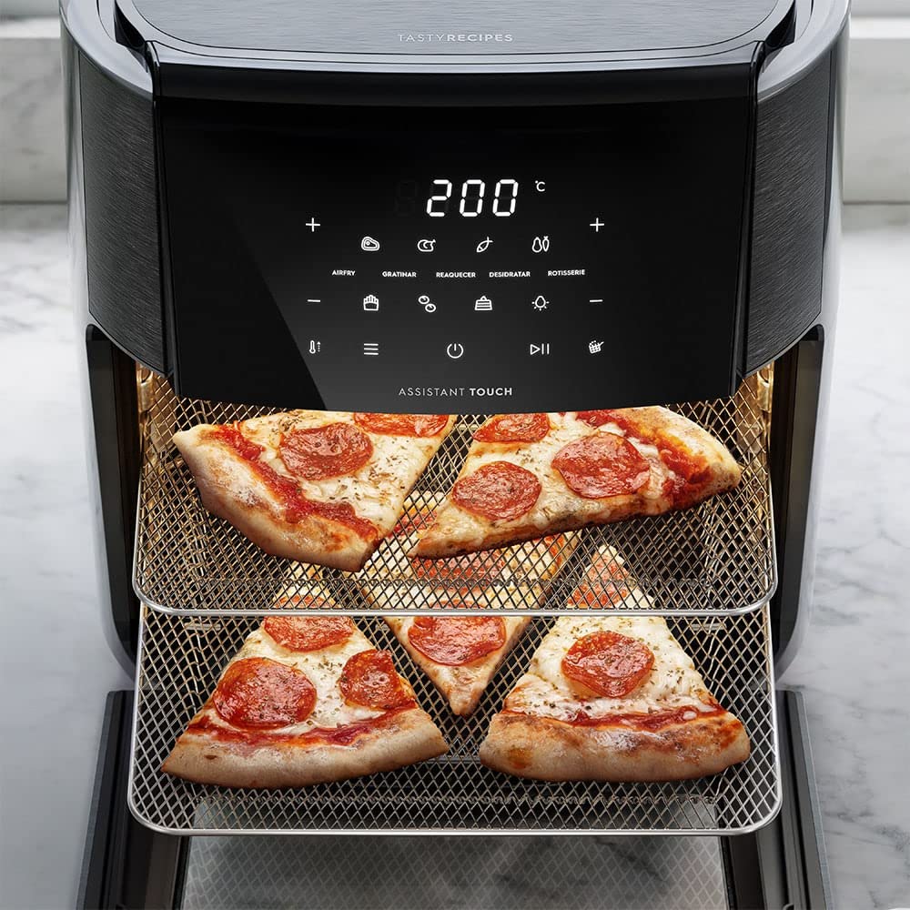 Electrolux Air Fryer Forno 5 x 1 12L 1700W Digital Espeto Giratório 2 Bandejas Antiaderentes 10 funções 7 Receitas aviso sonoro Fritadeira Elétrica sem Óleo Forno Bancada EAF90 Grafite 127V