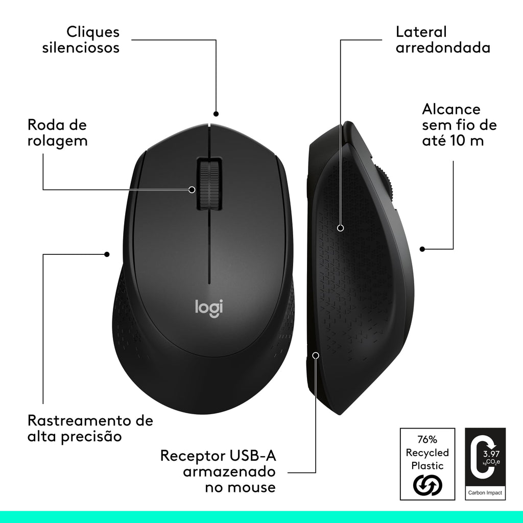 Mouse Sem Fio Logitech M330 SILENT com Clique Silencioso, Design Destro, Bateria de 18 Meses, Receptor USB, Compatível com Windows, macOS, ChromeOS e Pilha Inclusa - Preto