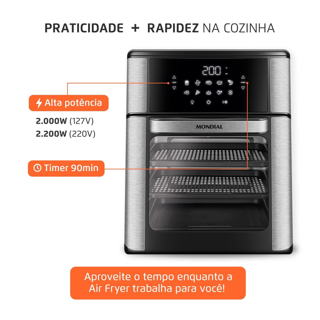 MONDIAL Fritadeira Air Fryer Forno Oven 12L, Preto/Inox, 2000W, 110V - AFON-12L-BI