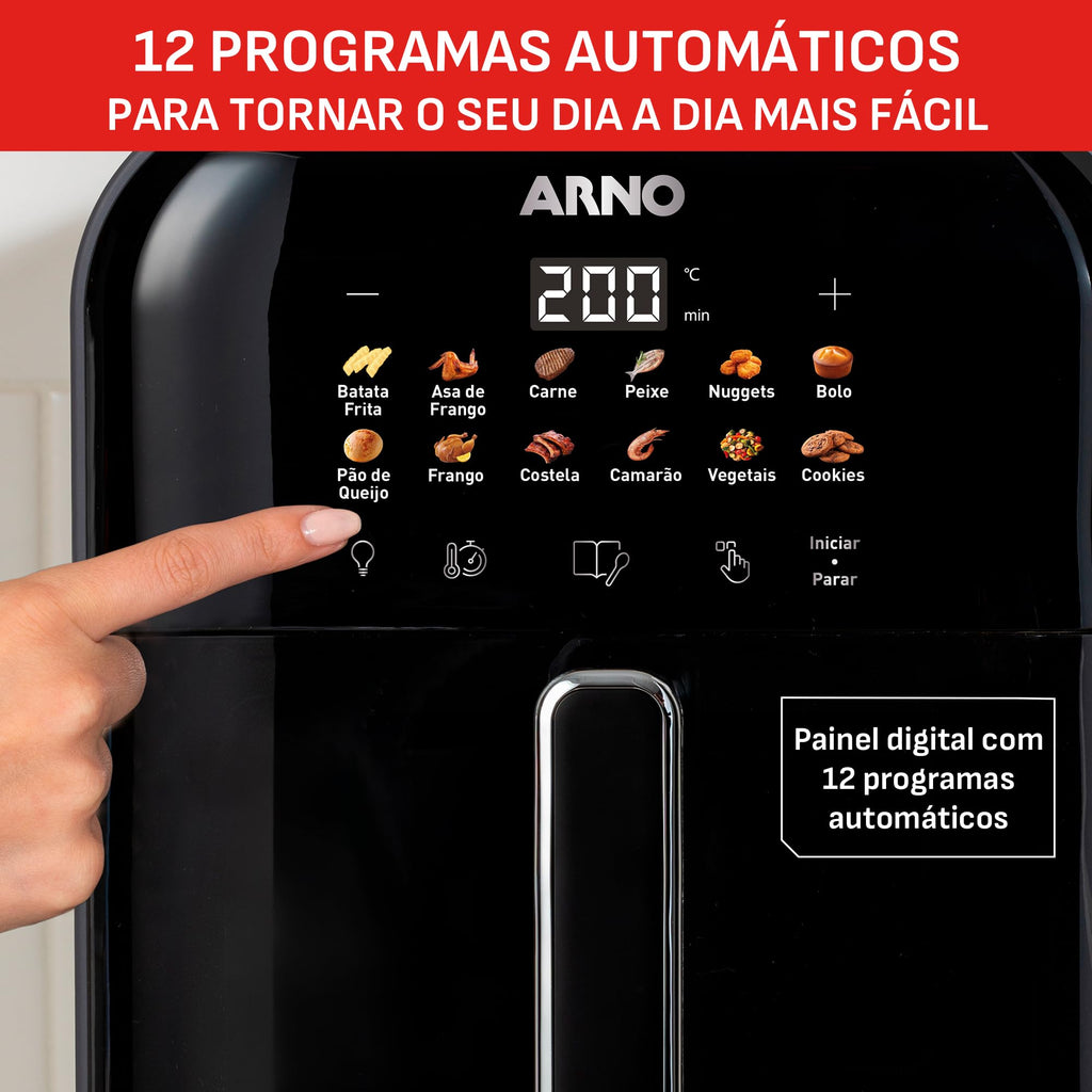 Fritadeira Sem Óleo Air Fryer Arno Easy Fry Turbo AFI6, 6L, Tecnologia Direct Heat, Cesto com Compartimento para Água, Visor Transparente, 12 Programas Automáticos, 2000W, 110V