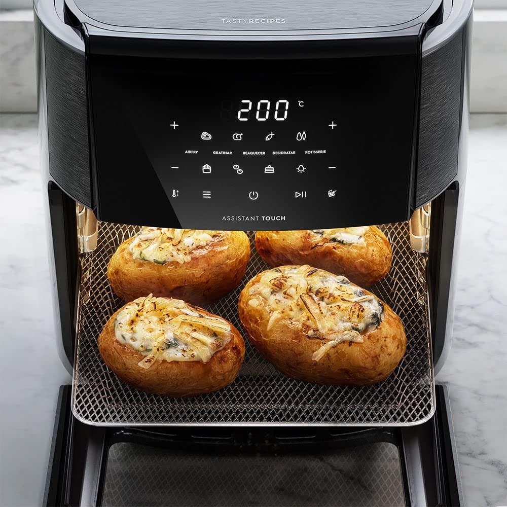 Electrolux Air Fryer Forno 5 x 1 12L 1700W Digital Espeto Giratório 2 Bandejas Antiaderentes 10 funções 7 Receitas aviso sonoro Fritadeira Elétrica sem Óleo Forno Bancada EAF90 Grafite 127V