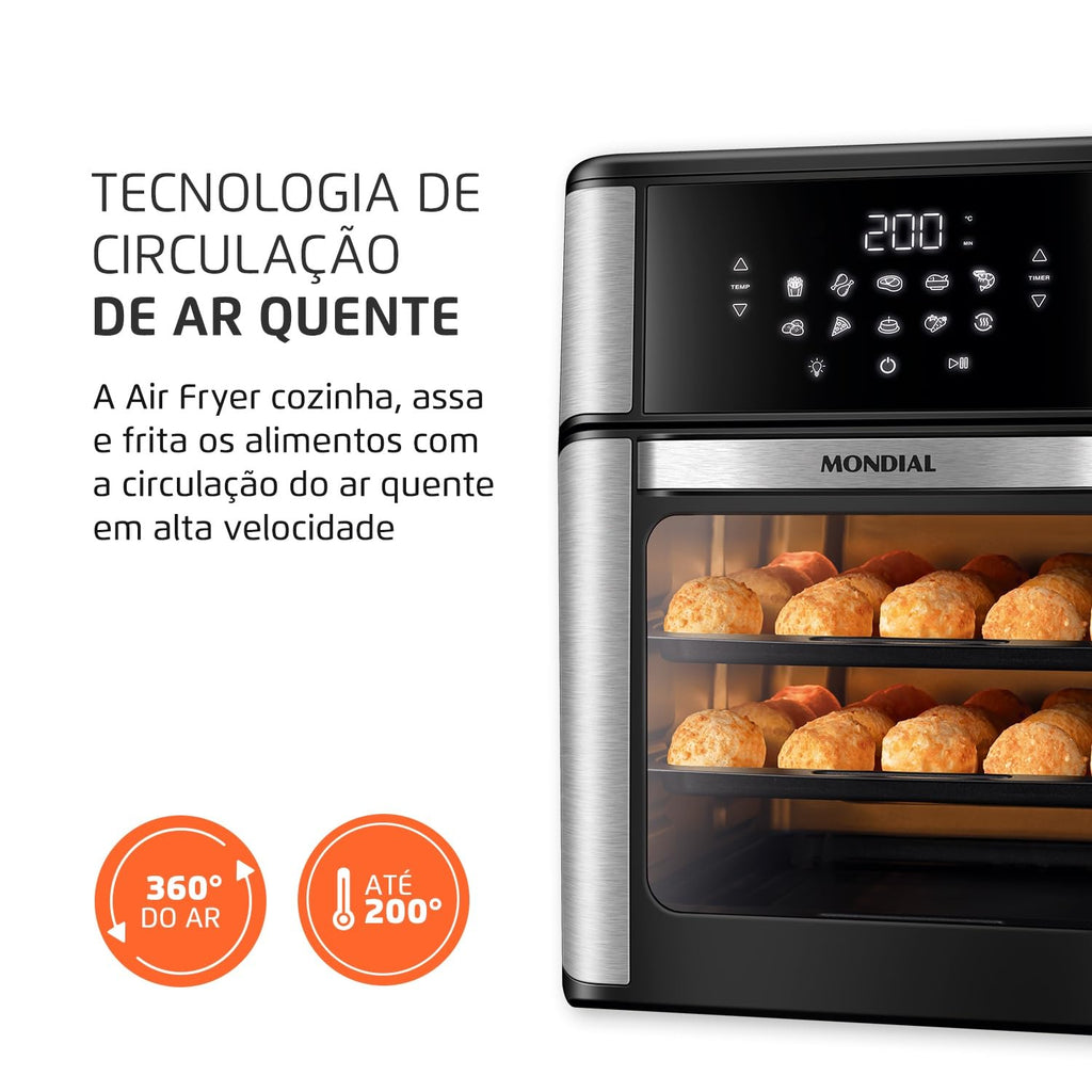 MONDIAL Fritadeira Air Fryer Forno Oven 12L, Preto/Inox, 2000W, 110V - AFON-12L-BI