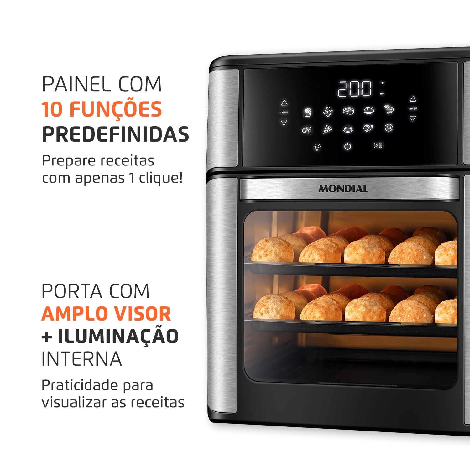 MONDIAL Fritadeira Air Fryer Forno Oven 12L, Preto/Inox, 2000W, 110V - AFON-12L-BI
