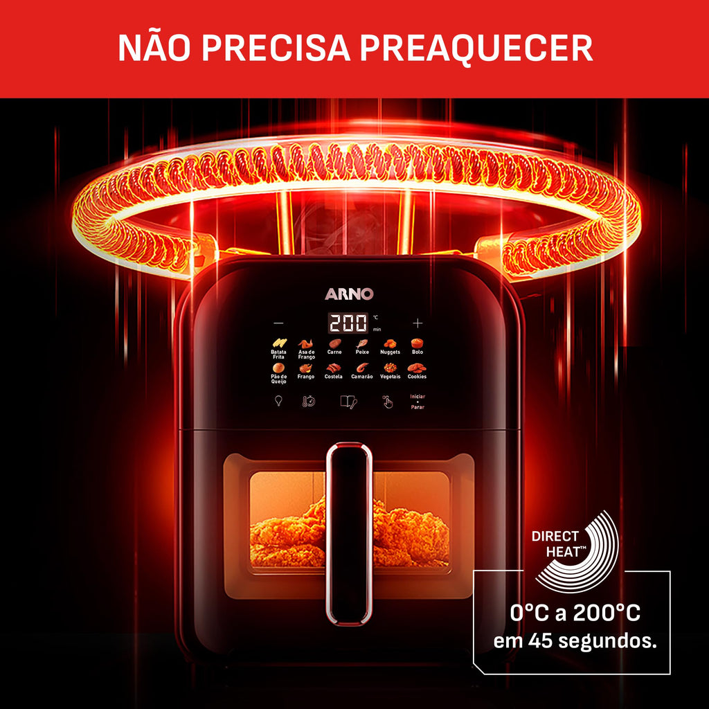 Fritadeira Sem Óleo Air Fryer Arno Easy Fry Turbo AFI6, 6L, Tecnologia Direct Heat, Cesto com Compartimento para Água, Visor Transparente, 12 Programas Automáticos, 2000W, 110V