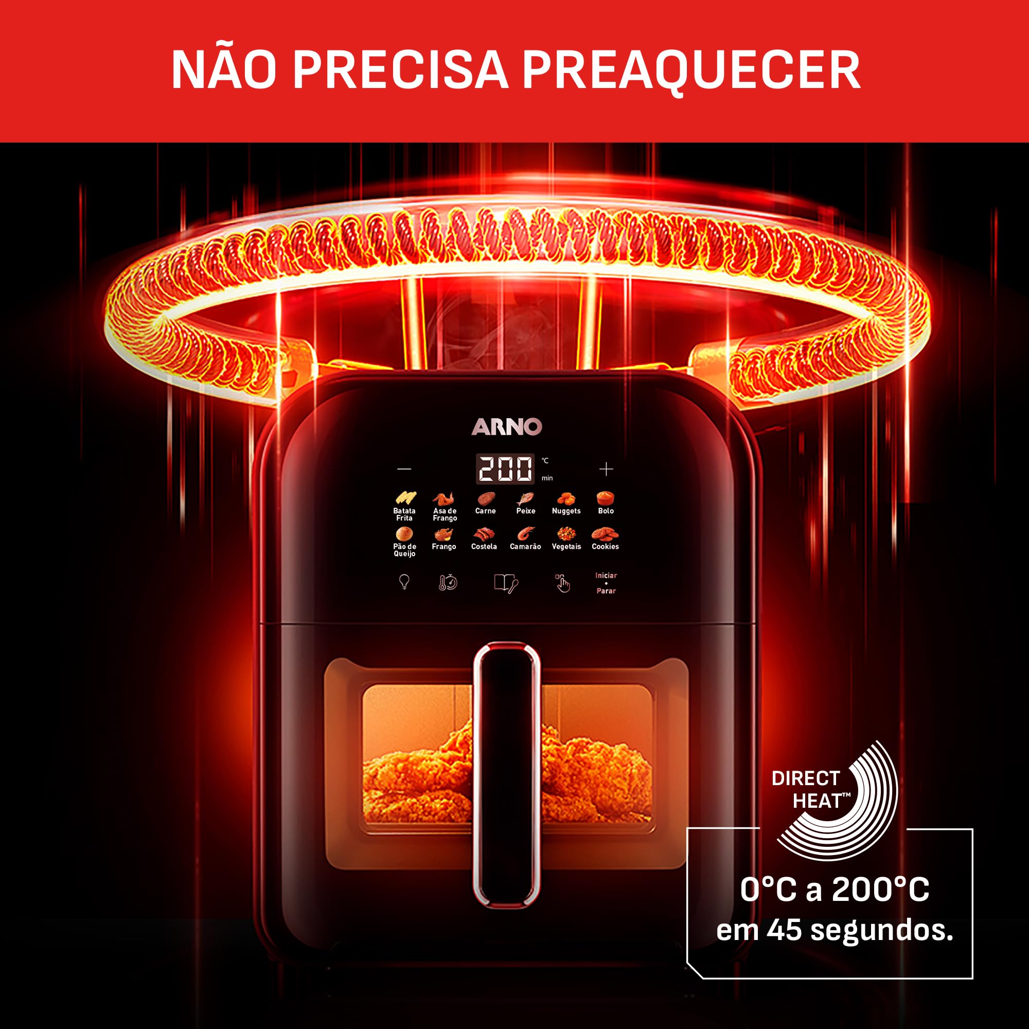Fritadeira Sem Óleo Air Fryer Arno Easy Fry Turbo AFI6, 6L, Tecnologia Direct Heat, Cesto com Compartimento para Água, Visor Transparente, 12 Programas Automáticos, 2000W, 110V