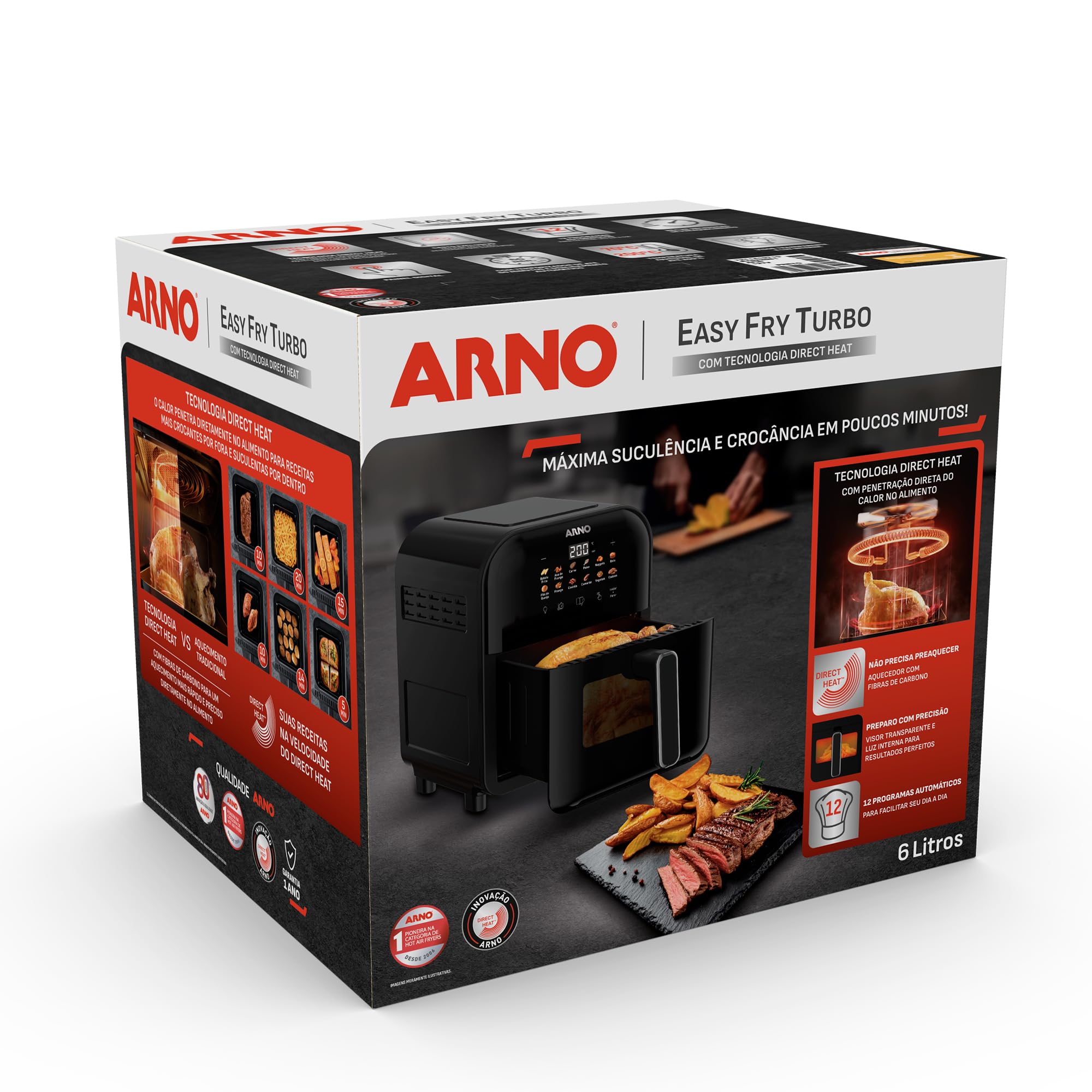 Fritadeira Sem Óleo Air Fryer Arno Easy Fry Turbo AFI6, 6L, Tecnologia Direct Heat, Cesto com Compartimento para Água, Visor Transparente, 12 Programas Automáticos, 2000W, 110V