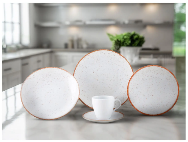 Aparelho de Jantar 20 Peças Tramontina Redondo Porcelana Branco e Marrom Mare