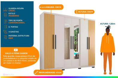 Guarda-roupa Casal com Espelho 6 Portas 4 Gavetas Araplac Braga