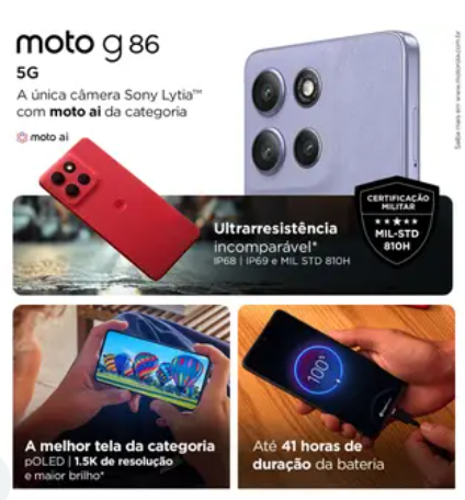 Smartphone Motorola G86 256GB 5G 16GB de RAM 6,7" Câm. Dupla + Selfie 32MP