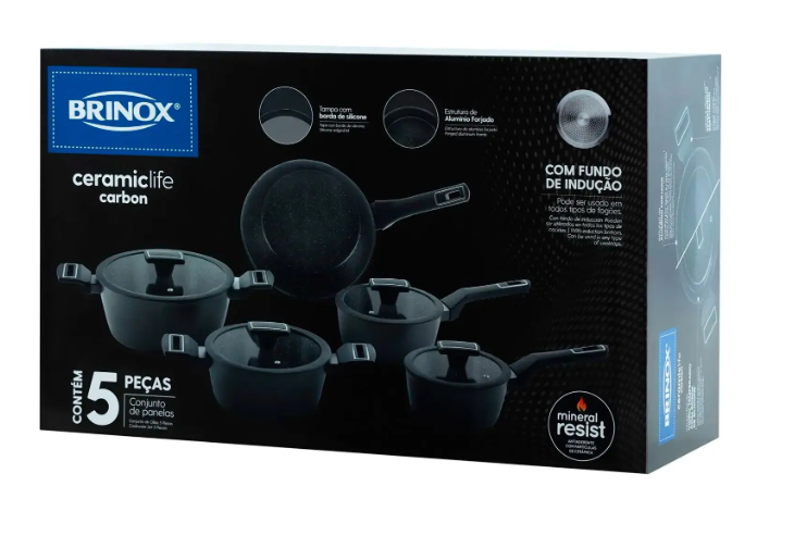 Jogo de Panelas Brinox Revestimento Cerâmico Preto 5 Peças Carbon Ceramic Life