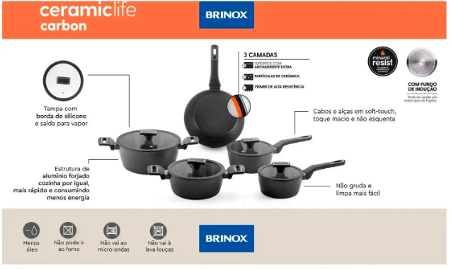Jogo de Panelas Brinox Revestimento Cerâmico Preto 5 Peças Carbon Ceramic Life