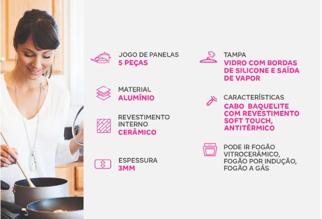 Jogo de Panelas Brinox Revestimento Cerâmico Preto 5 Peças Carbon Ceramic Life