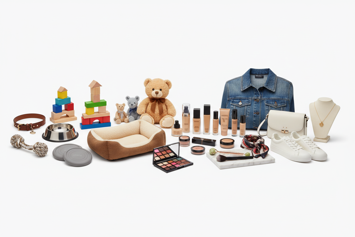 Preciso de uma imagem para a capa de um site de uma loja que vende produtos diversos, preciso que nesta foto estejam inclusos diversos produtos, desde coisas para PET, brinquedos, comesticos, itens de moda, quero algo com fundo branco, com os produtos bem otimizados e que passe uma visão para o consumidor do site os tipos de produtos que estão sendo vendidos